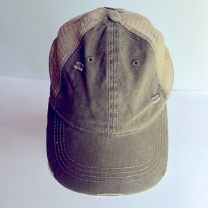 Washed Denim Criss Cross Ponytail Ball Cap Olive Distressed Trucker Hat CC